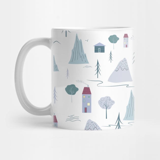 Modern Grey Plum Houses Trees Mountains Pattern by in_pictures